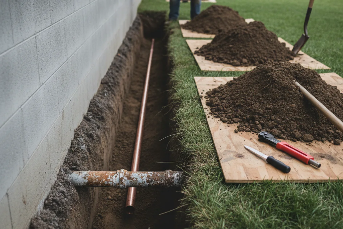 Excavated water line trench during Water Heater Repair in Denver